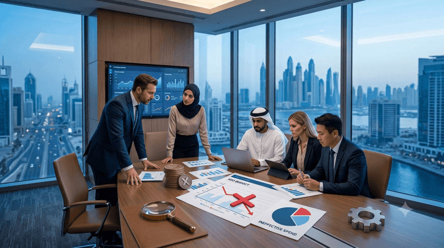 Corporate team analyzing analytics to evaluate performance of an SEO company in UAE