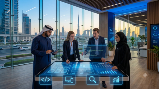 Best web design company Dubai with web development, UI/UX, and branding concepts in a blue-themed office.