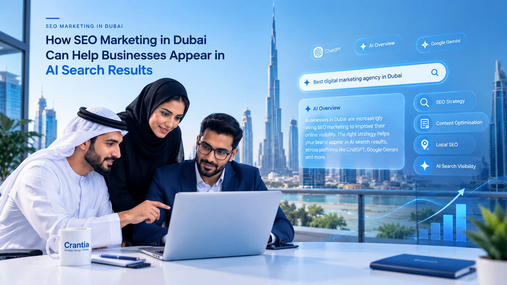 Dubai business professionals exploring SEO marketing in Dubai and AI search visibility with the Burj Khalifa skyline in the background